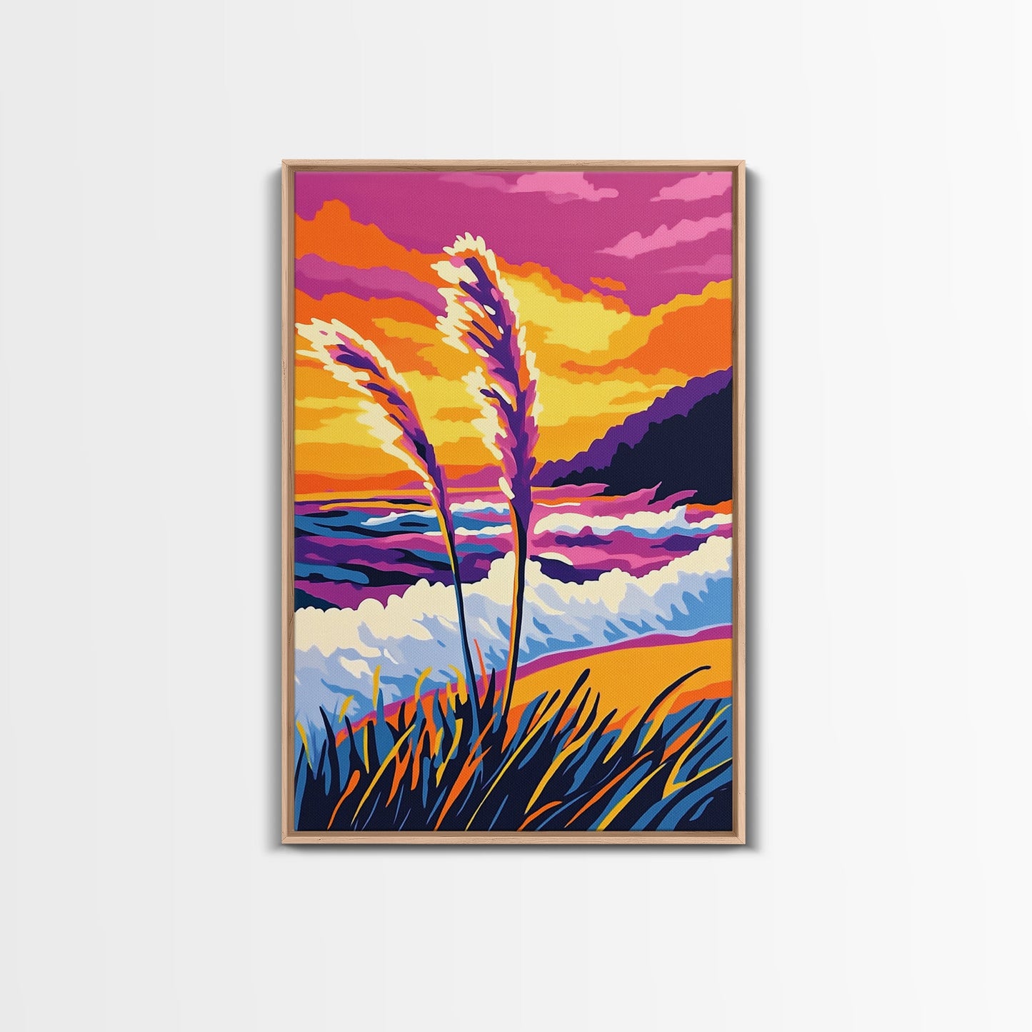 Coastal, Waves, Beach, Ocean, Framed Canvas Print, Vibrant Beach Art, Tropical Wall Decor, Living Room Art, Colorful Nautical Painting