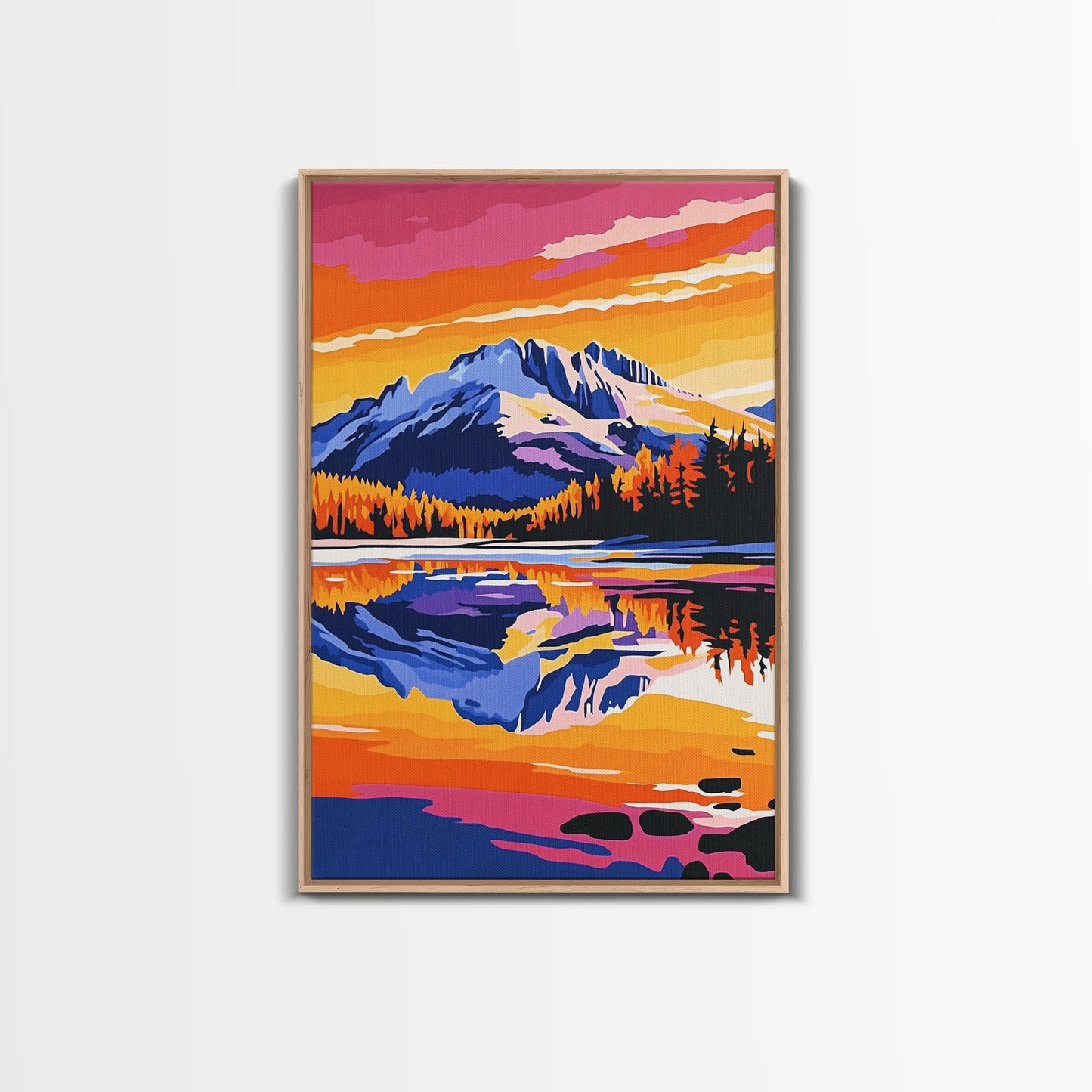 Hoch aufragende Kiefern, goldener Schein, majestätische Bäume, gerahmter Leinwanddruck, Naturgemälde, Waldlandschaft, Herbstliche Wanddekoration, Wohnzimmerdeko