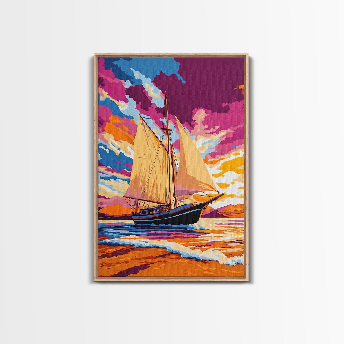 Sailing, Ocean Sunset, Nautical Art, Framed Canvas Print, Coastal Wall Art, Vibrant Seascape, Living Room Decor, Beach House Art
