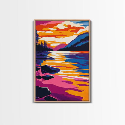 Lake, Reflective Sunset, Tranquil Nature, Canvas Print, Serene Landscape, Home Wall Art, Mountain View Decor, Living Room Artwork