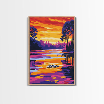 River Sunset, Nature Reflection, Forest Landscape, Peaceful Water, Framed Canvas Print, Boho Art, Rustic Wall Art, Bedroom Decor