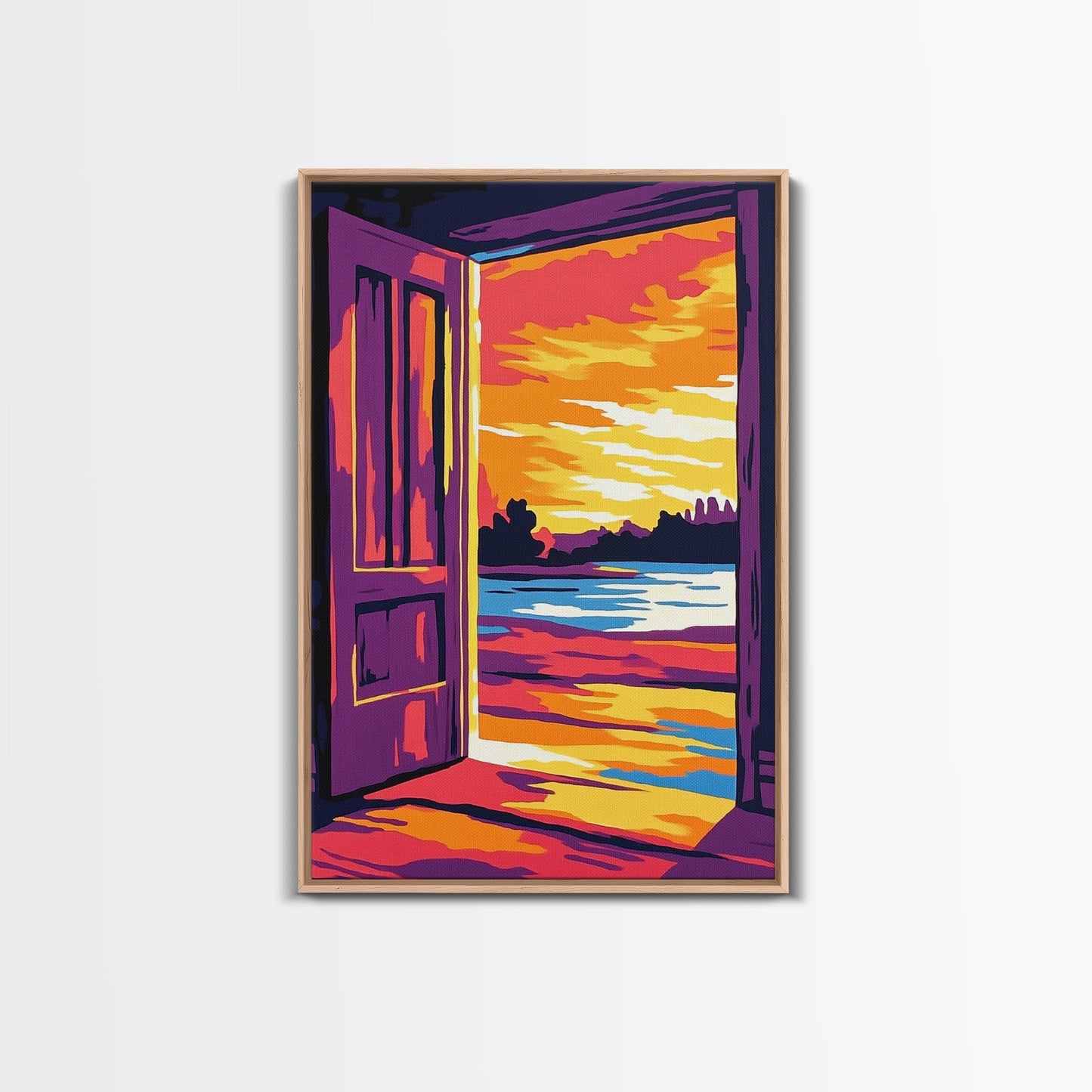 Offene Tür, Sonnenuntergangsmotiv, Gemälde mit warmem Licht, Einladende Wohndekoration, Inspirierende Wandkunst, Gemütliche Inneneinrichtung, Gerahmter Leinwanddruck