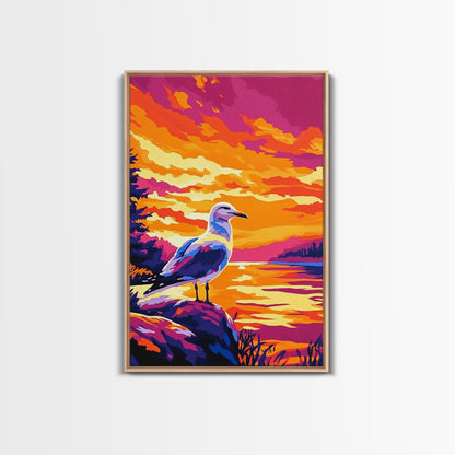 Seagull Sunset Art, Coastal Bird Painting, Ocean Landscape Print, Beach House Wall Decor, Framed Canvas Print, Nautical Bedroom Artwork