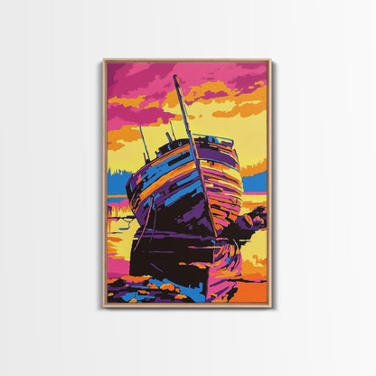 Shipwreck, Abandoned, Sunset, Canvas Print, Nautical Wall Art, Coastal Home Decor, Weathered Beauty, Beach House, Maritime Aesthetic