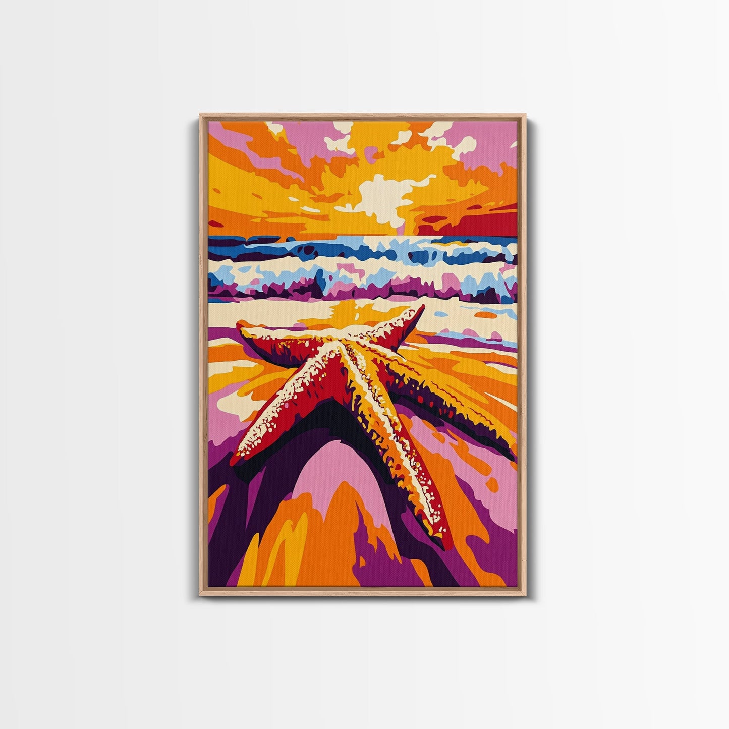 Starfish Beach, Ocean Sunset, Coastal Decor, Framed Canvas Print, Nautical Wall Art, Beach House Decor, Vibrant Painting, Summer Vibes