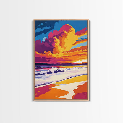 Beach Sunset, Vibrant Waves, Ocean Wall Art, Coastal Decor, Framed Canvas Print, Tropical Art, Living Room Art, Summer Aesthetic