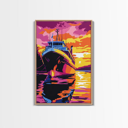 Sunset Boat Art, Nautical Wall Art, Ocean Sunset Painting, Coastal Decor, Vibrant Boat Scene, Framed Canvas Print, Living Room Art