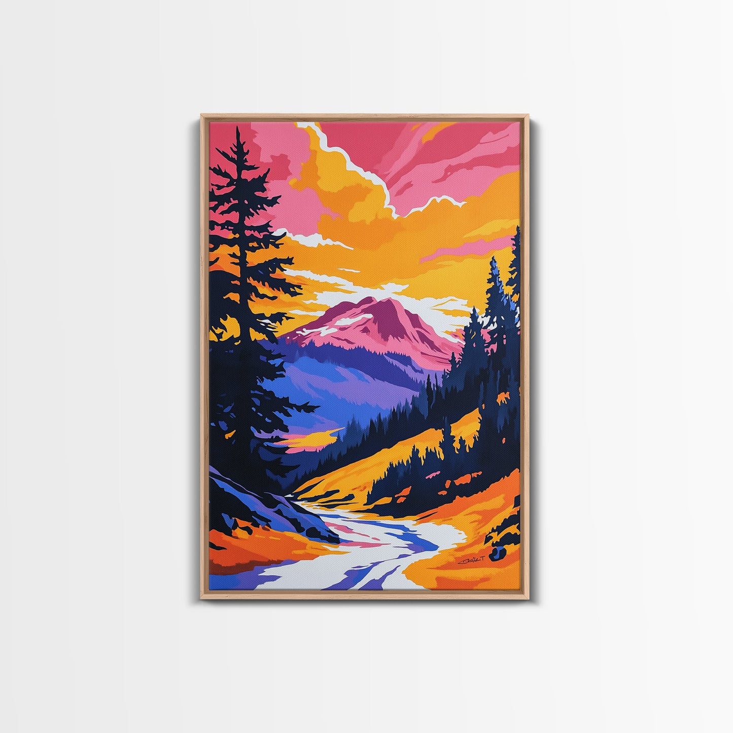 Mountain View Art, Nature Painting, Colorful Scenic Decor, Alpine Sunset, Wilderness Print, Framed Canvas Print, Office Wall Art