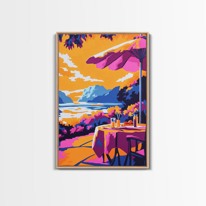 Outdoor Dining, Scenic View, Summer Patio Art, Relaxing Wall Decor, Cafe Scene, Vacation Aesthetic, Framed Canvas Print, Gift Idea