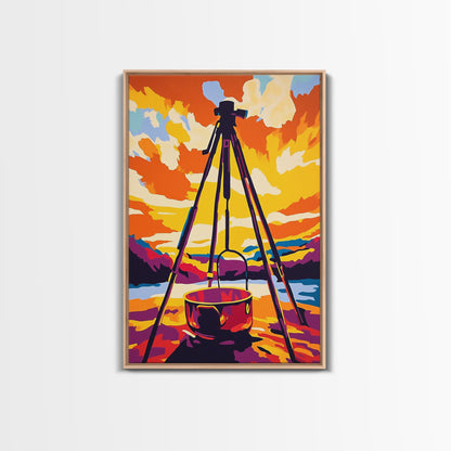 Camping Scene, Outdoor Cooking, Rustic Wall Art, Adventure Home Decor, Wilderness Aesthetic, Nature Inspired, Framed Canvas Print