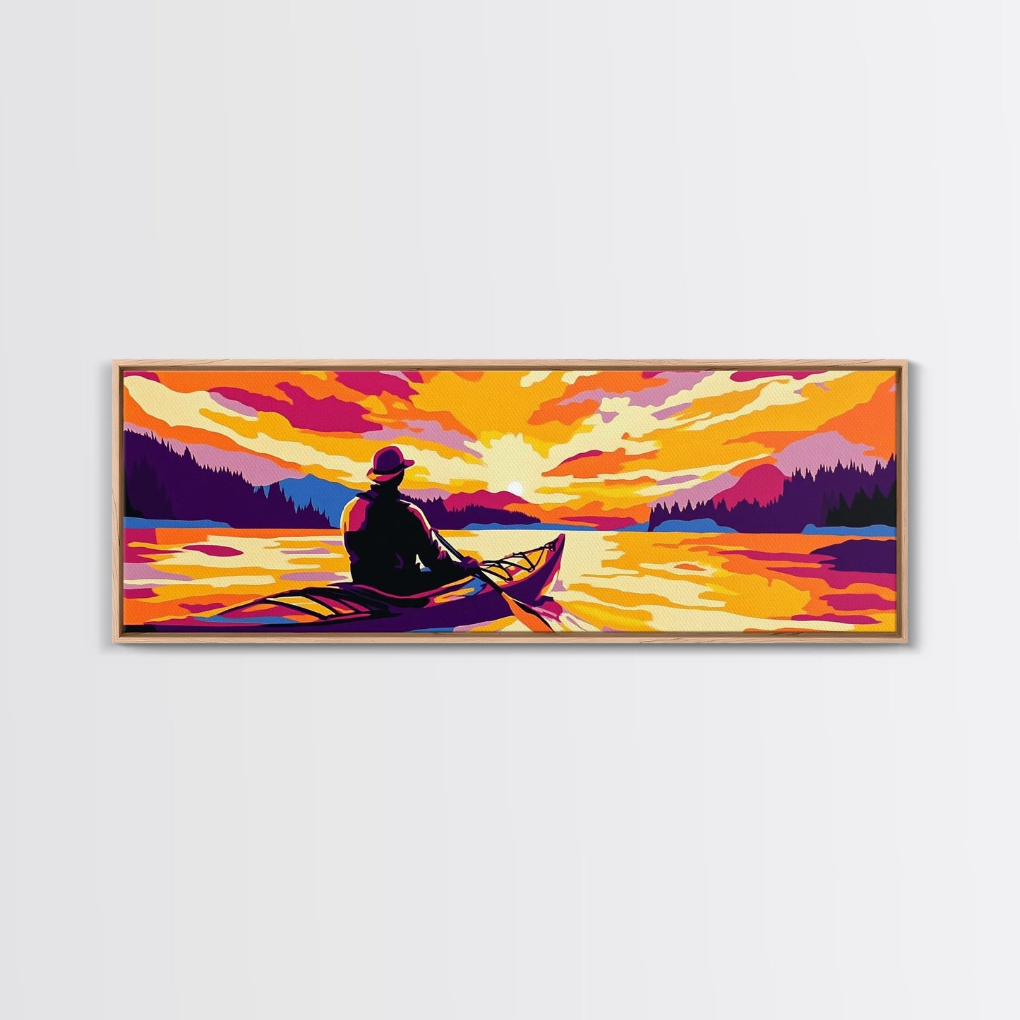 Kayak Adventure, Scenic Lake, Outdoor Wall Art, Sunset Reflections, Bold Landscape, Nature Escape, Vibrant Colors, Canvas Print