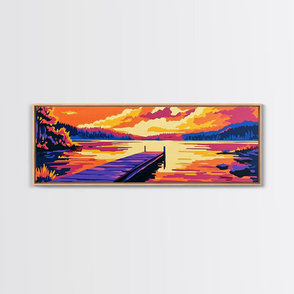 Sunset Lake, vibrant landscape, nature wall art, modern decor, colorful painting, Living Room Wall Art, Canvas Print, Framed Canvas Print