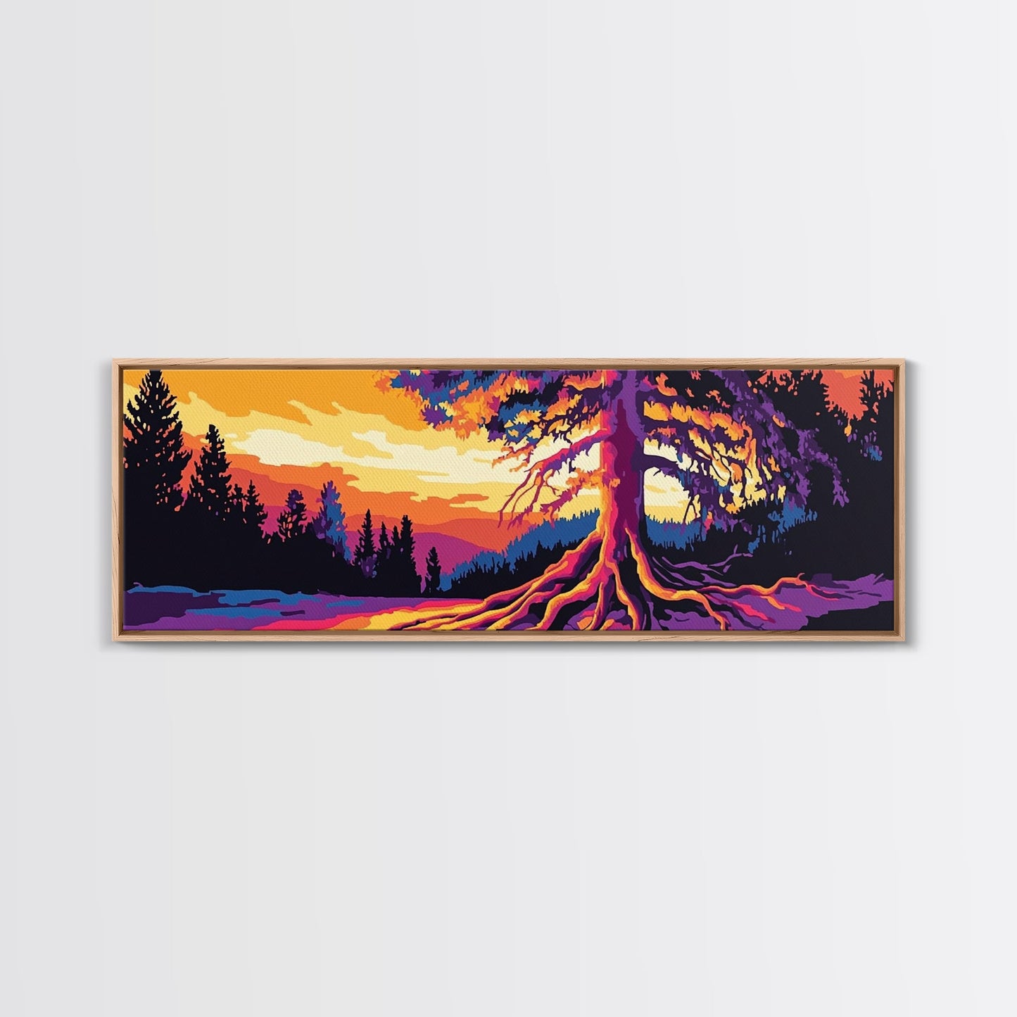 Lebendiger Baum, Sonnenuntergangsmotiv, gerahmter Leinwanddruck, Natur-Wanddeko, psychedelische Kunst, Boho-Landschaft, großes Wandbild, Bürodekoration