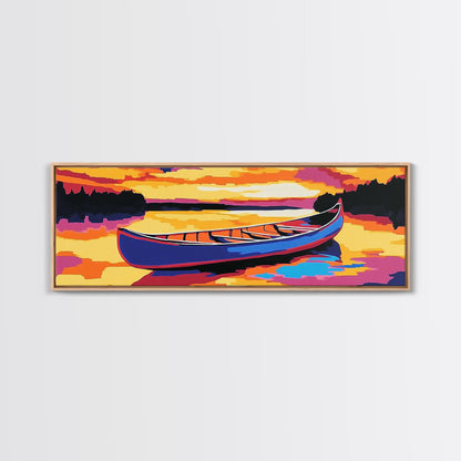 Canoe, Sunset, Water, Framed Canvas Print, Vibrant Lake Art, Nature Wall Art, Rustic Decor, Adventure Art, Cabin Wall Art, Autumn Artwork