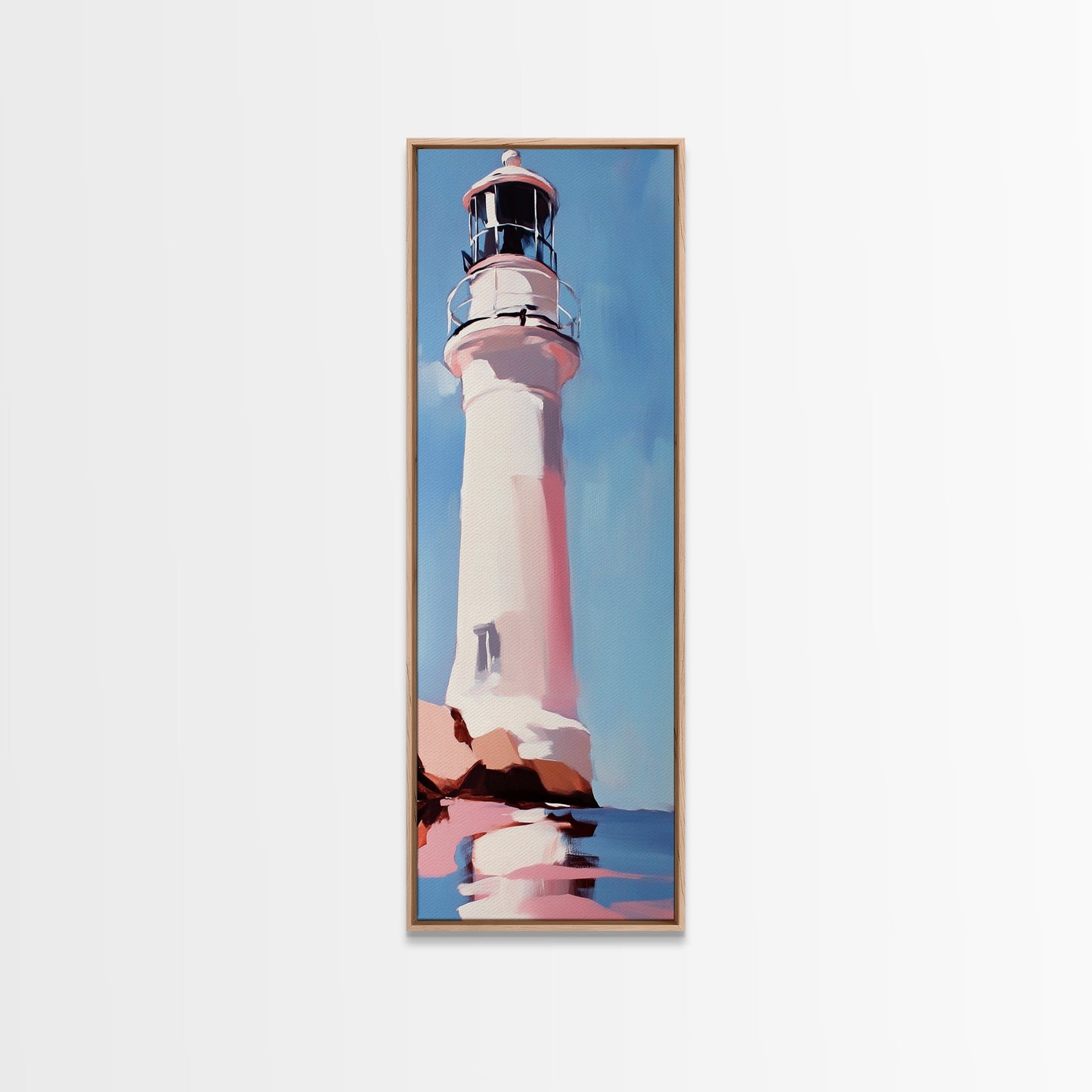Lighthouse, Pink Sky, Nautical, Coastal Wall Art, Beach Home Decor, Ocean Painting, Modern Seascape, Framed Canvas Print