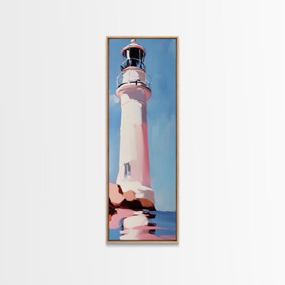 Lighthouse, Pink Sky, Nautical, Coastal Wall Art, Beach Home Decor, Ocean Painting, Modern Seascape, Framed Canvas Print