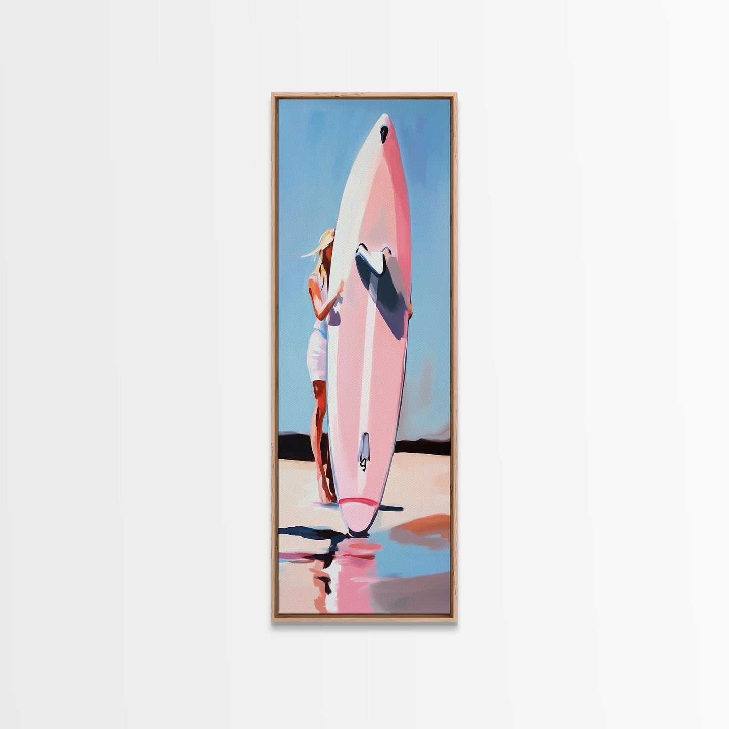 Surfbrett-Mädchen, Sommerstrand, Küstenästhetik, Leinwanddruck, Boho-Wandkunst, Minimalistisches Gemälde, Wohnzimmerdeko, Geschenk, Pastell