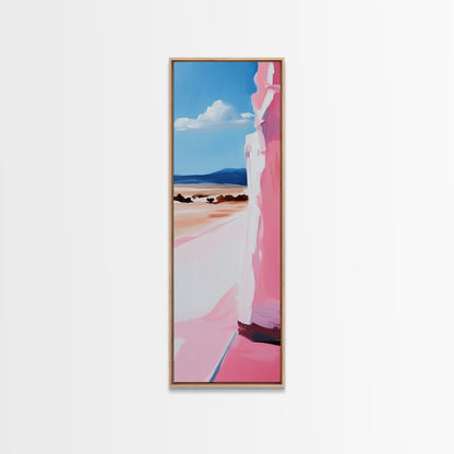 Pink Cliff, Ocean View, Tranquil Beach, Framed Canvas Print, Coastal Wall Art, Minimalist Painting, Living Room Decor, Gift, Blue