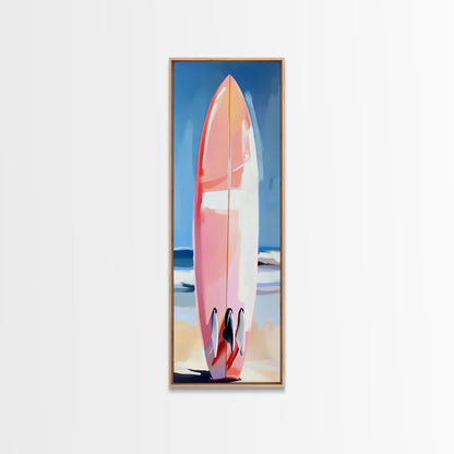 Pinkes Surfbrett, Strandhaus-Kunst, Küstenästhetik, Surfer-Lifestyle, Sommerfeeling, Gerahmter Leinwanddruck mit Ozeanmotiv, Moderne Wanddekoration