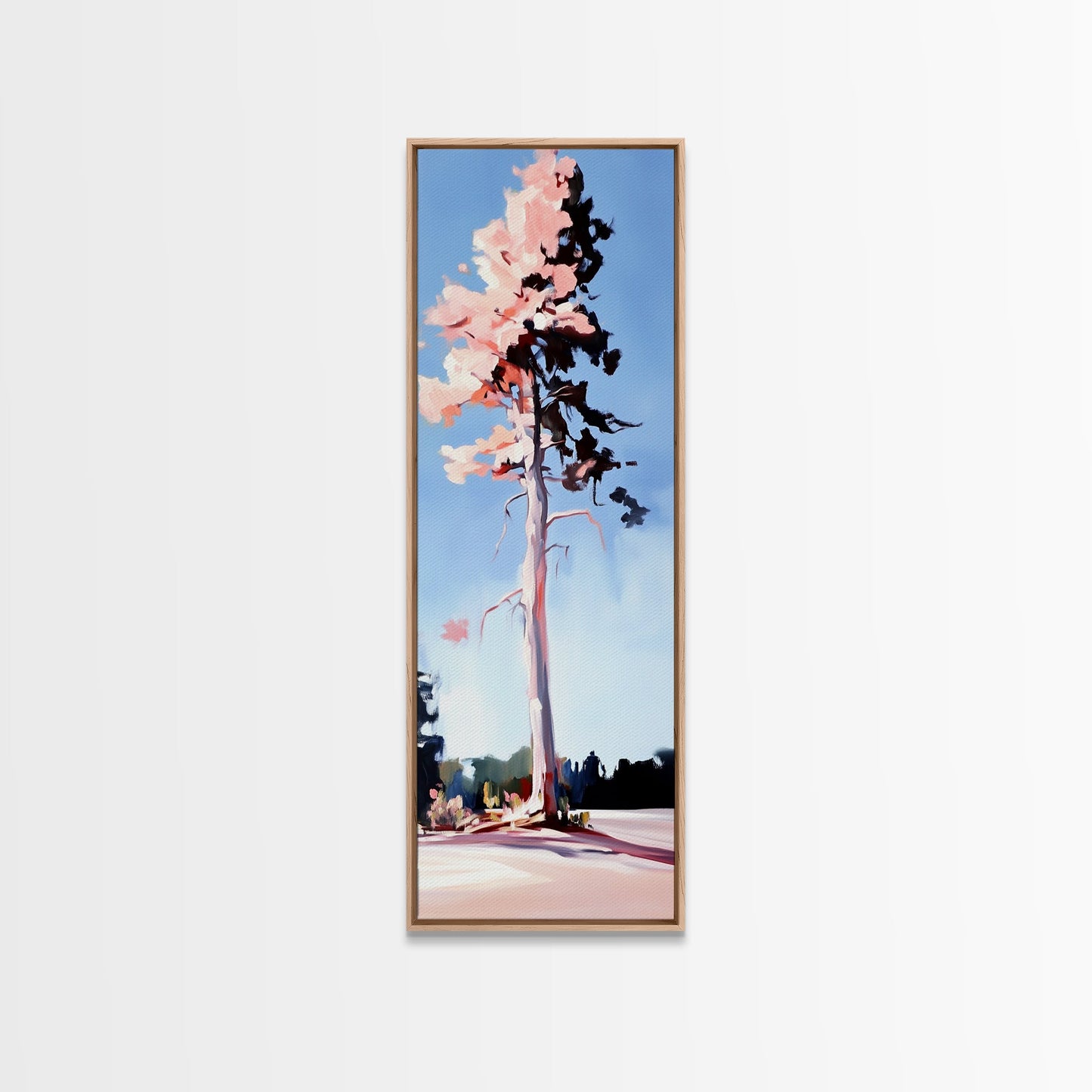 Pink Blossom Tree, Spring Landscape Art, Dreamy Nature Print, Pastel Wall Decor, Romantic Living Room, Framed Canvas Print