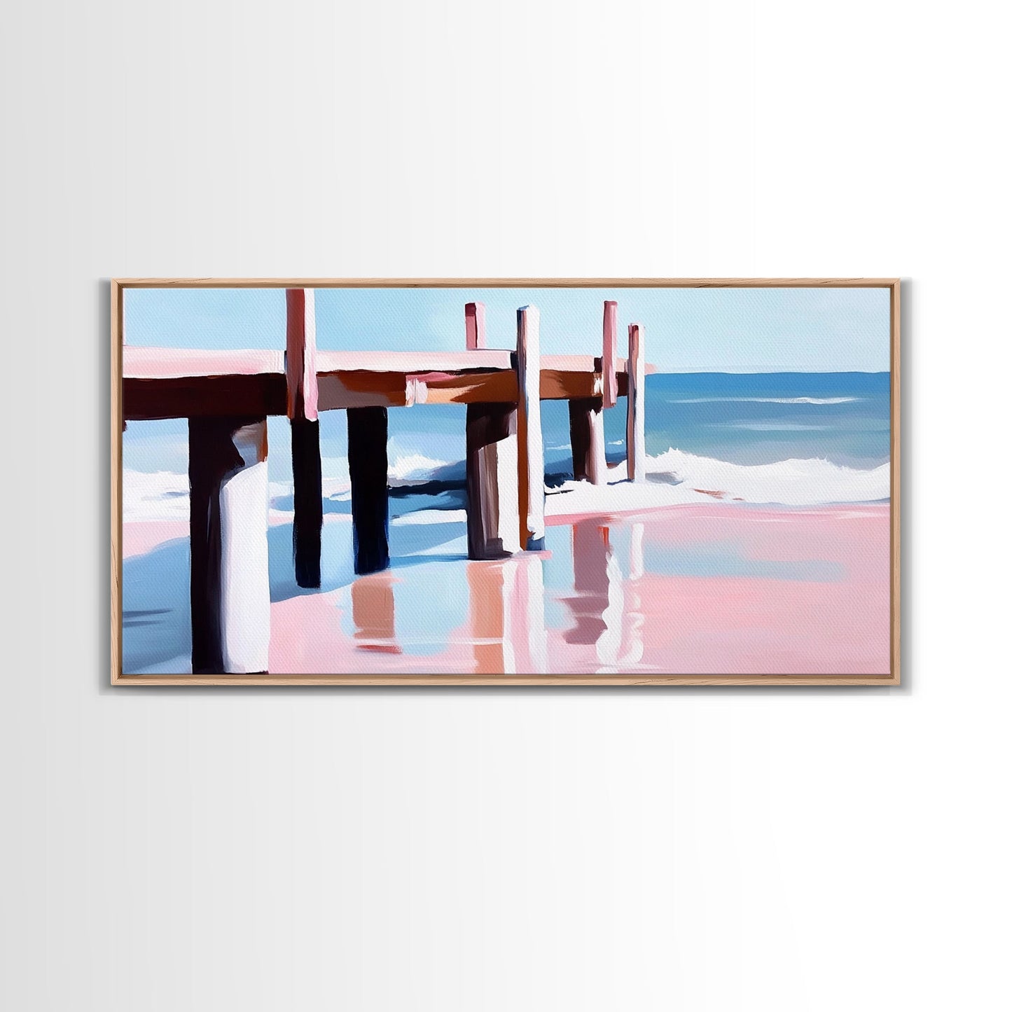Strandpier-Gemälde, Küstenlandschaft, maritime Kunst, minimalistische moderne Ästhetik, entspannende sommerliche Wanddekoration, Leinwanddruck