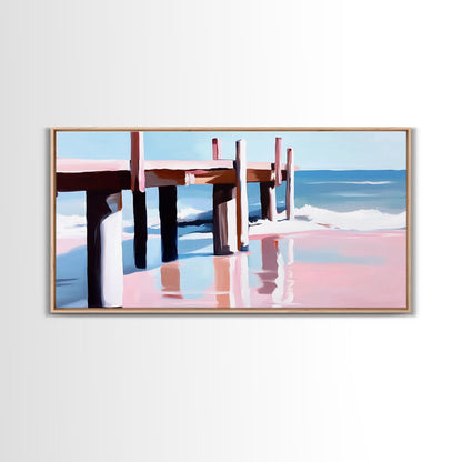 Strandpier-Gemälde, Küstenlandschaft, maritime Kunst, minimalistische moderne Ästhetik, entspannende sommerliche Wanddekoration, Leinwanddruck