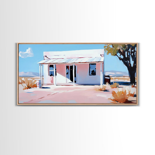 Desert Shack, Vintage, Sunny, Framed Canvas Print, Boho Home Decor, Rustic Wall Art, Southwestern Art, Cozy Farmhouse Style, Fall Vibes