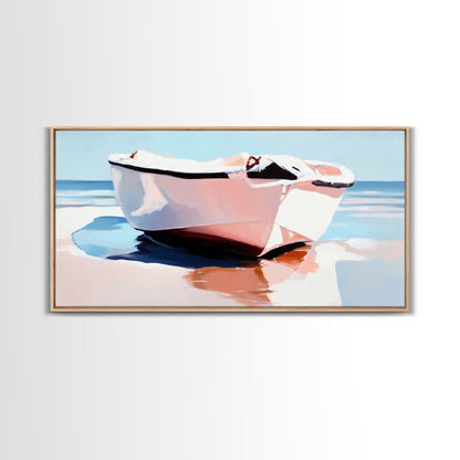 Beach Boat, Ocean Reflection, Coastal Calm, Canvas Print, Minimalist Nautical Art, Summer Home Decor, Living Room Wall Art, Tranquil Vibes