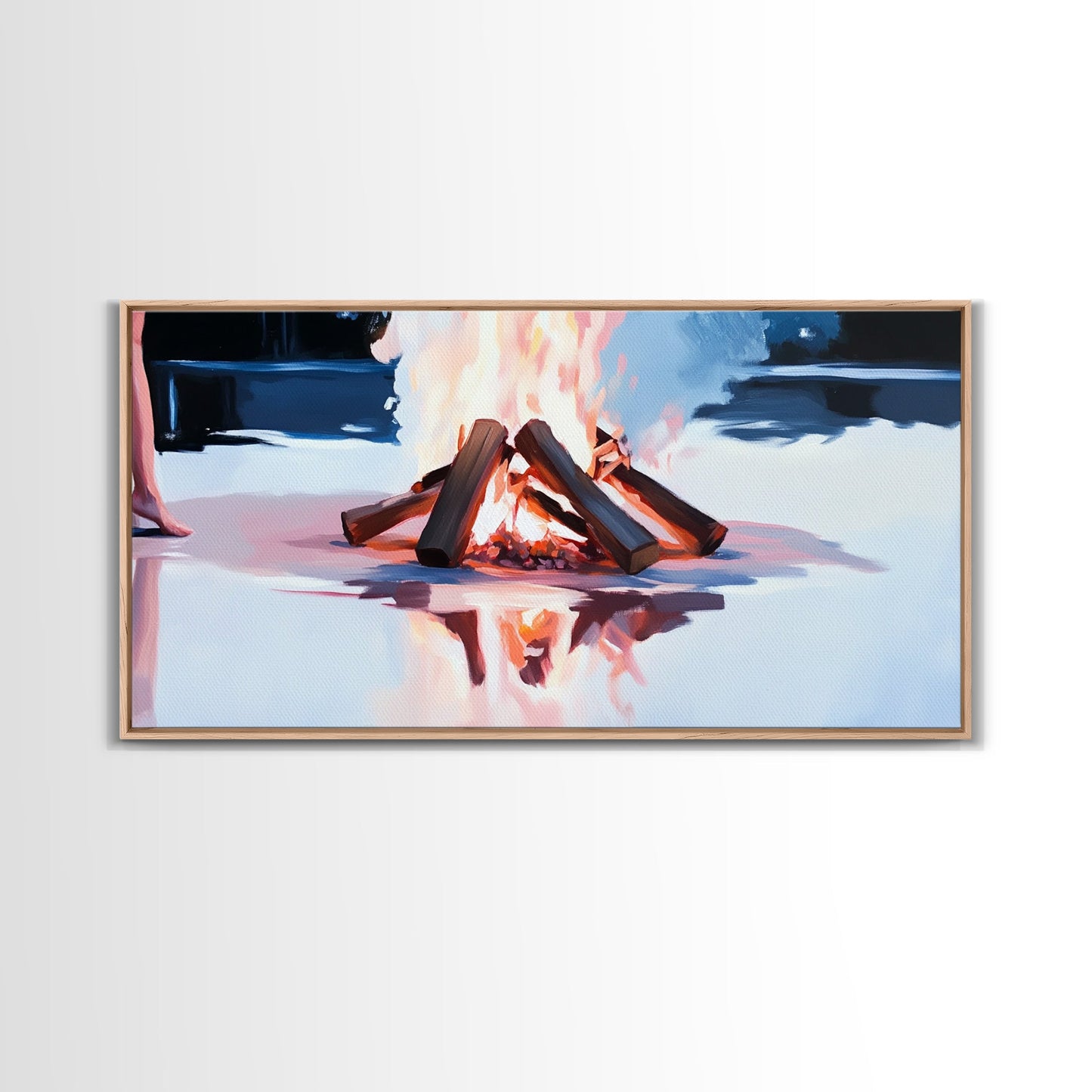 Gemütliches Lagerfeuer, Feuerspiegelung, Lagerfeuerglühen, Herbstnacht, gerahmter Leinwanddruck, Wandbild für die Hütte, rustikale Dekoration, warme Atmosphäre, Herbstkunst