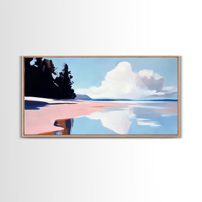 Bewölkte Meereslandschaft mit Spiegelung, ruhiger Küstendruck, minimalistische Meeresdekoration, sanfte Pastelllandschaft, Zen-Kunst für Zuhause, gerahmter Leinwanddruck fürs Schlafzimmer