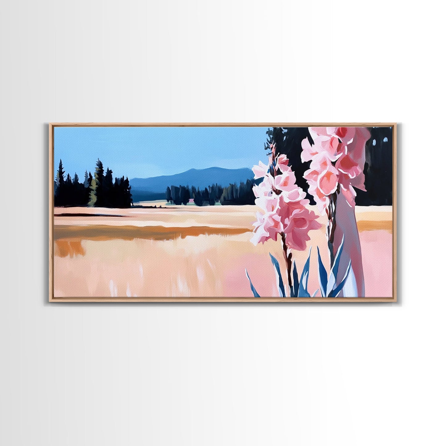 Rosa Blumen, Naturlandschaft, Wandbild im Landhausstil, Blumenästhetik, Boho-Dekor, Schlafzimmer-Wandbild, Minimalistische Kunst, Leinwanddruck