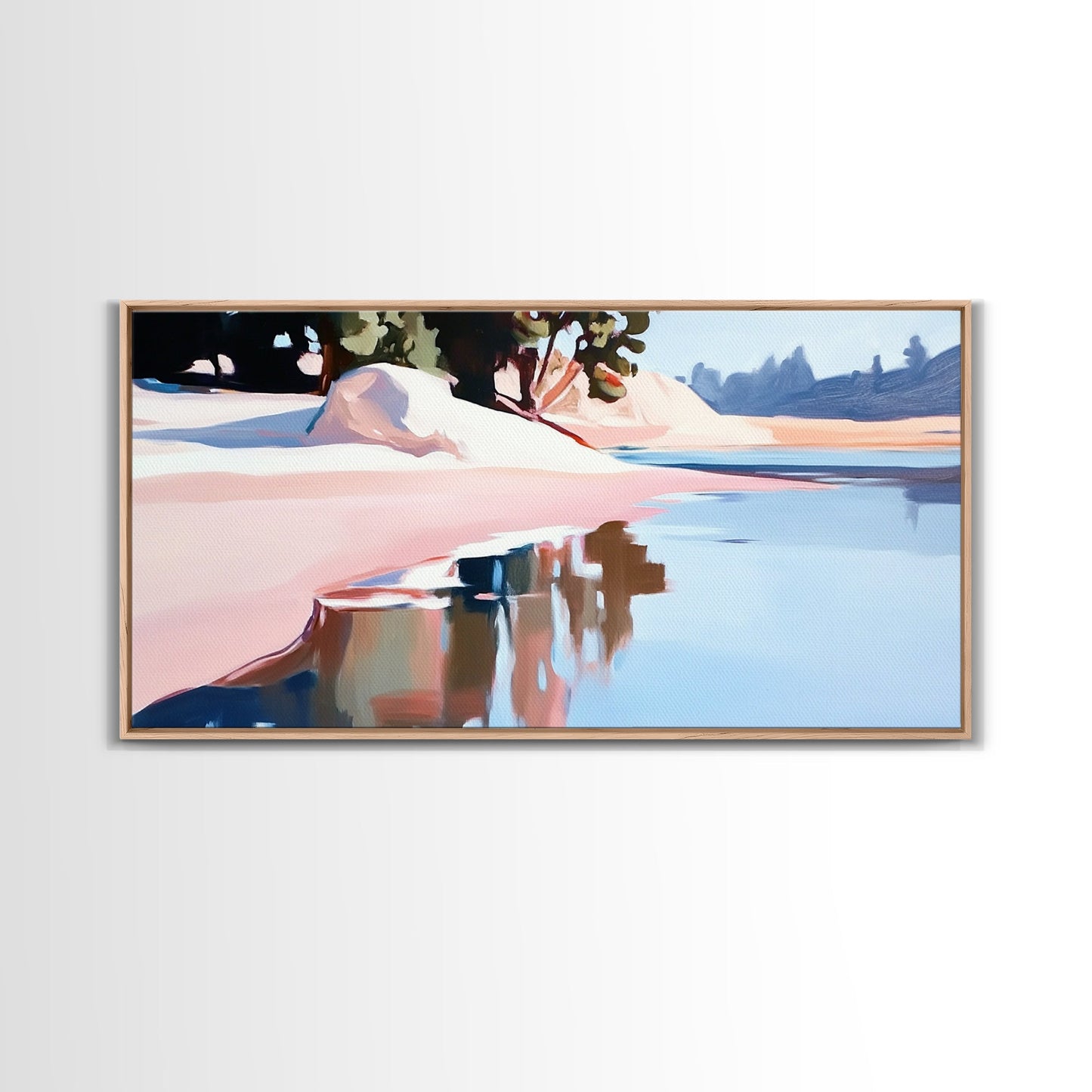 Küstenbaum, Dachüberstand, Leinwanddruck, vom Meer inspirierte Dekoration, moderne Strandwandkunst, pastellfarbene Meereslandschaft, ruhige Szenerie, tropisches Flair