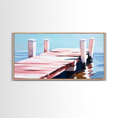 Steg am Wasser, minimalistische Meereslandschaft, Küstendeko, nautische Wandkunst, modernes Strandhaus, Sommerfeeling, blaue Wandkunst, gerahmter Leinwanddruck