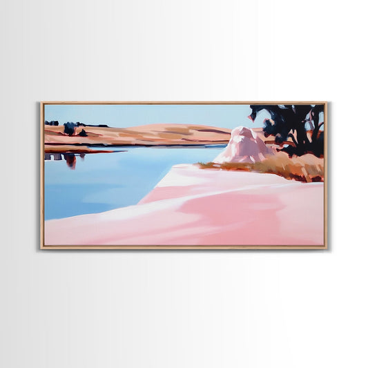 Tree on Shore, Lake Art, Natural Beauty, Rustic Decor, Tranquil Scene, Blue and Pink Palette, Serene Wall Art, Modern, Canvas Print