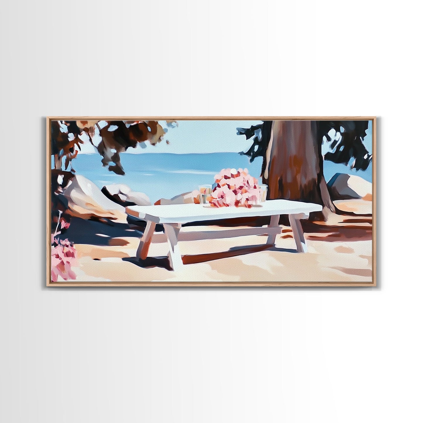 Strandpicknick, Essen am Meer, Sommerliche Wandbilder, Gerahmter Leinwanddruck, Küstendeko, Entspannende Atmosphäre, Küchenkunst, Maritime Ästhetik