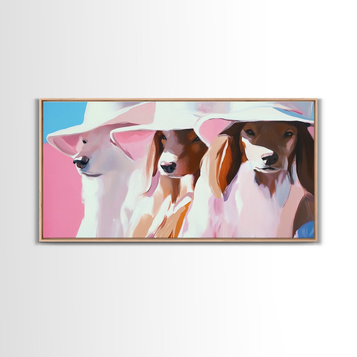 Stilvolle Hunde, Trendige Tierkunst, Ästhetischer Druck in Rosa, Modernes Haustierporträt, Verspielte Wandkunst, Dekoratives Dekor, Gerahmter Leinwanddruck