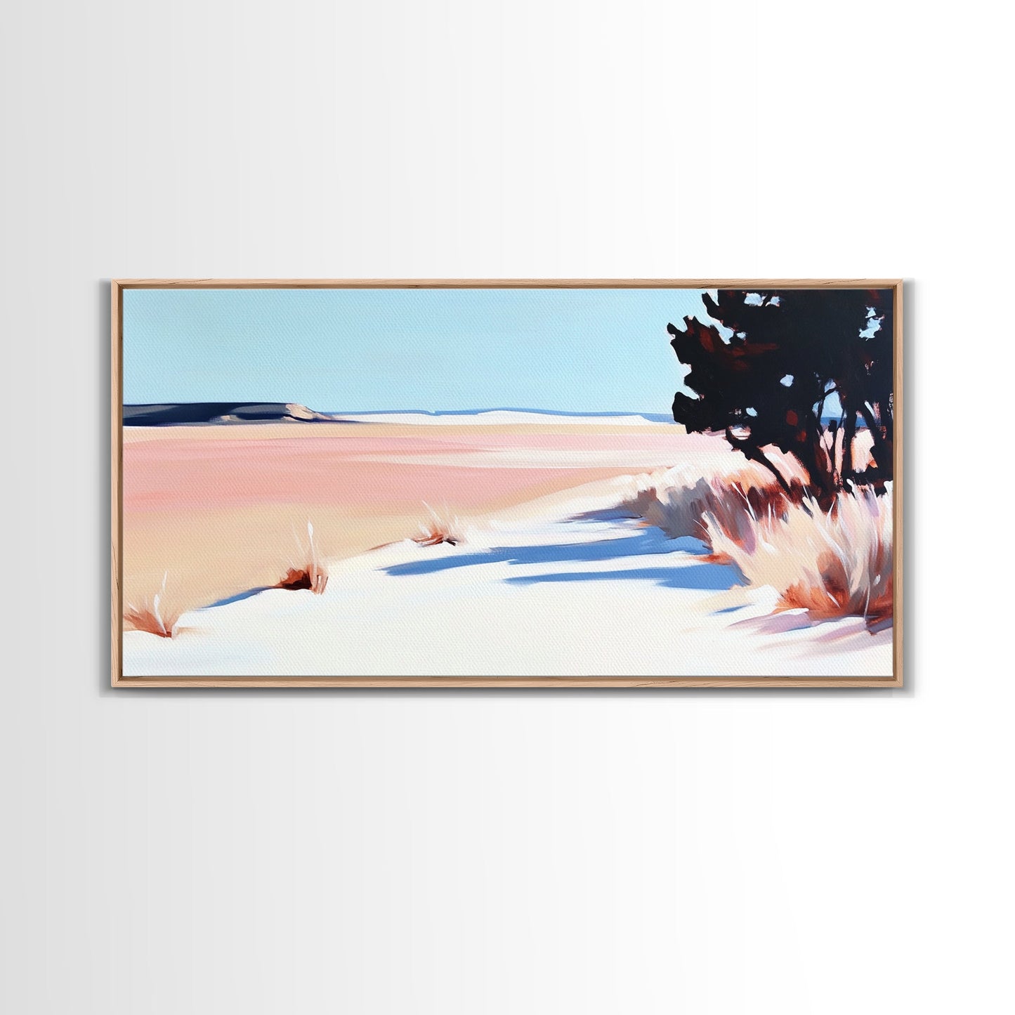 Wüstenpfad, minimalistische Landschaftskunst, warmer Pastelldruck, erdige Ästhetik, rustikale Wanddekoration, Schlafzimmerkunst, Leinwanddruck