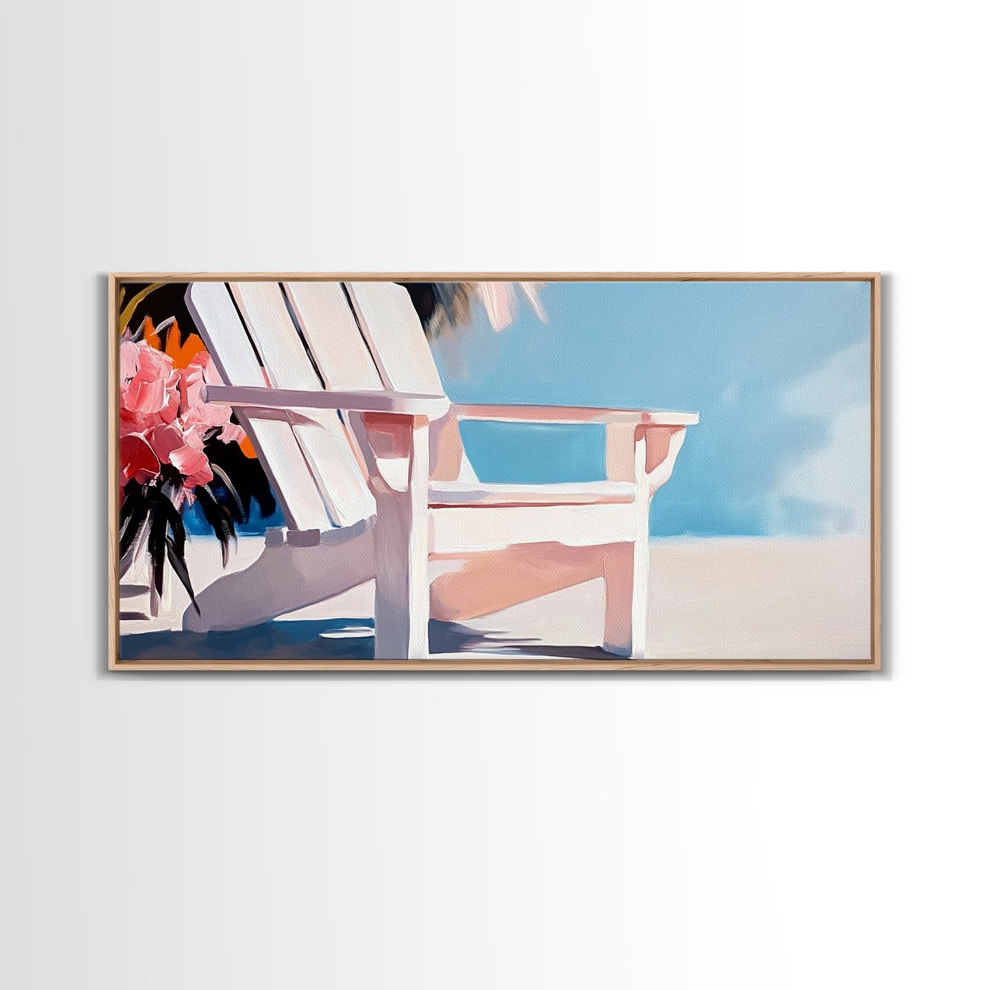 Strandstuhl, Sommerentspannung, Küstenkunst für draußen, Urlaubsästhetik, tropische Wohndekoration, minimalistische Pastellfarben, Leinwanddruck, Terrasse