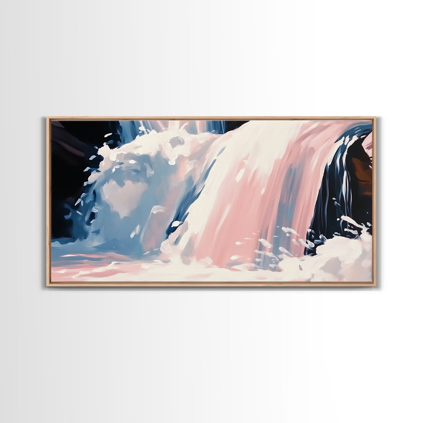 Wasserfallmotiv, Naturwandbild, Ruhige Landschaftskunst, Moderner minimalistischer Druck, Blau- und Rosatöne, Gerahmter Leinwanddruck, Wohnzimmerkunst