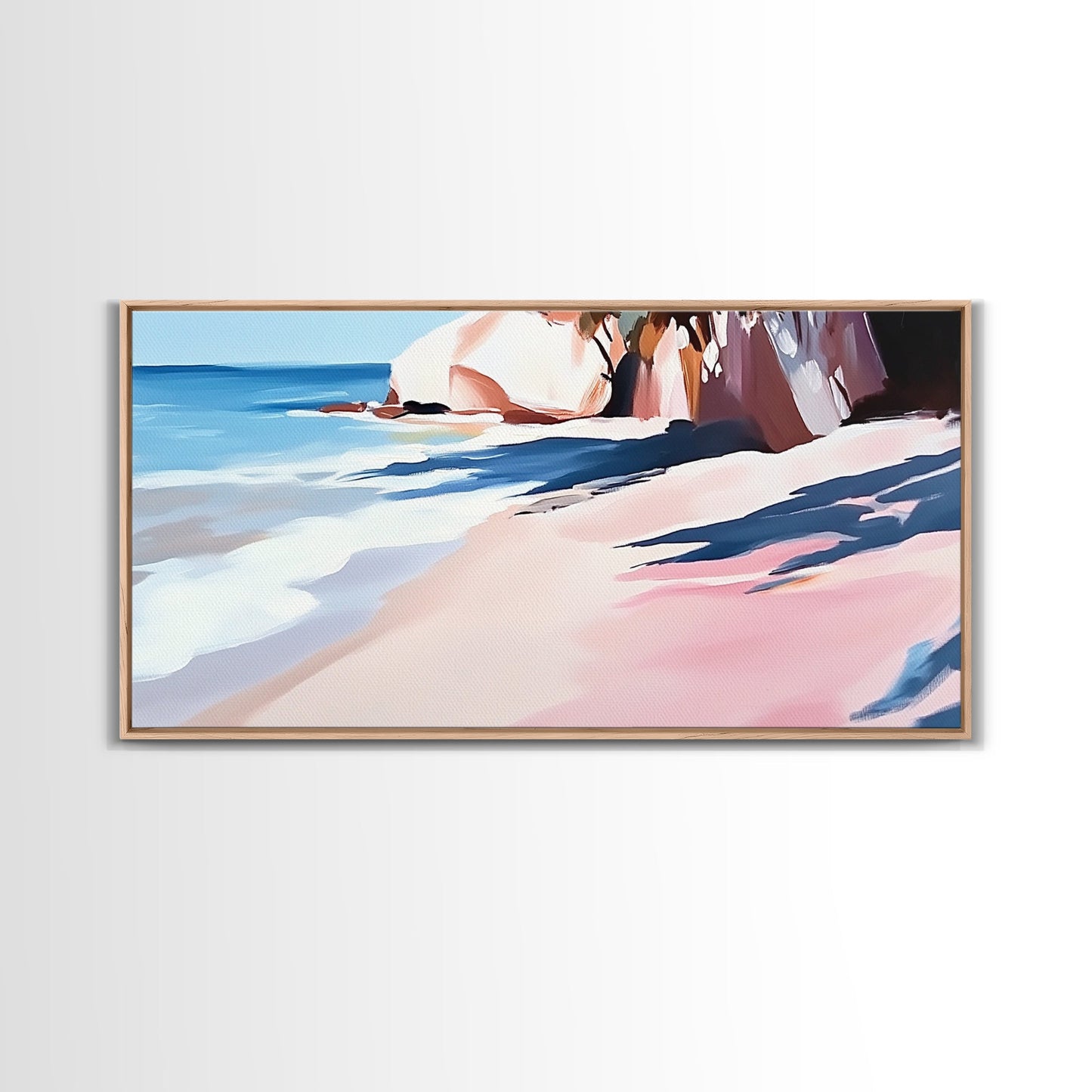 Meeresküste, Felsstrand, blaue Wellen, Leinwanddruck, moderne Küstenkunst, Strandhausdeko, Wandbild fürs Wohnzimmer, minimalistisches Meeresbild