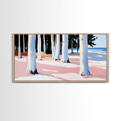 Wald am Ufer, Küstenbäume, Naturkunst, Leinwanddruck, Ruhige Wanddekoration, Wohnzimmerkunst, Strandhausgemälde, Minimalistische Kunst