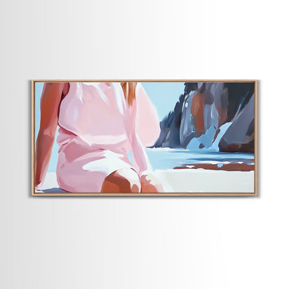 Beach Woman, Summer Aesthetic, Ocean Fashion, Boho Wall Art, Framed Canvas Print, Coastal Beauty, Modern Beach House Decor, Minimalist Artwork