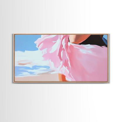 Fließendes Kleid, Strandwind, feminine Eleganz, modische Wandkunst, gerahmter Leinwanddruck, Meeresbrise, moderne Wohndekoration, zartrosa Ästhetik