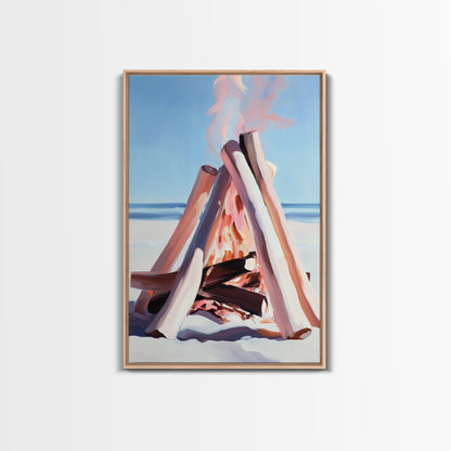 Beach Bonfire, Coastal Art, Ocean Sunset, Warm Minimalist, Canvas Print, Coastal Home Decor, Relaxing Wall Art, Boho Aesthetic