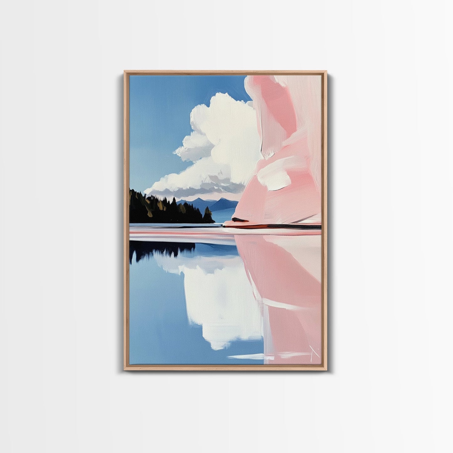 Pink Rock Reflection, Abstract Landscape, Serene Water Art, Framed Canvas Print, Modern Wall Decor, Minimalist Nature, Living Room Art