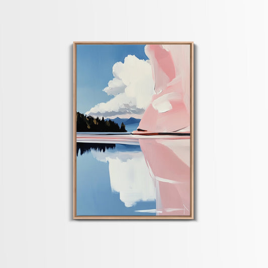 Pink Rock Reflection, Abstract Landscape, Serene Water Art, Framed Canvas Print, Modern Wall Decor, Minimalist Nature, Living Room Art