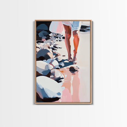 Walking on Rocks, Coastal Reflection, Beach Serenity, Soft Pastel Art, Framed Canvas Print, Nature Home Decor, Modern Wall Art