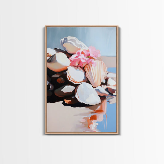 Seashell Collection, Beach Treasures, Coastal Aesthetic, Nautical Wall Art, Framed Canvas Print, Ocean Decor, Living Room Artwork