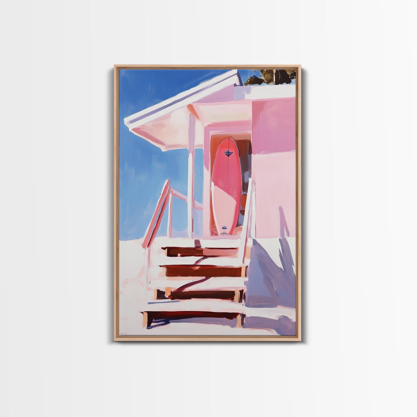 Surf Shack, Tropical Beach House Art, Framed Canvas Print, Pink Coastal Decor, Summer Vibes Wall Art, Relaxing Ocean Painting, Boho Chic