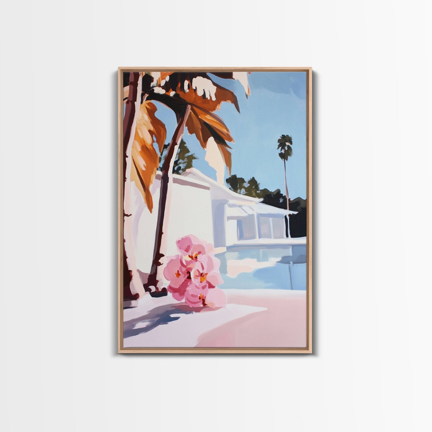 Tropical, Palm Trees, Poolside, Framed Canvas Print, Modern Beach House Art, Vibrant Wall Decor, Summer Vibes, Aesthetic Living Room Art